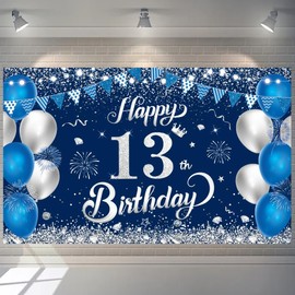 Yontree Happy 13th Birthday Banner, 1.1 x 1.8m Happy 13th Birthday Backdrop Banner Blue Silver 13th Birthday Decorations for Boys Girls, 13 Years Old Birthday Anniversary Party Supplies