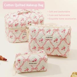 ALUXY Quilted Makeup Bag, Floral Cotton Cosmetic Bag, Cotton Makeup Bag Set, Toiletry Travel Organizer Bag for Women Girls (Pink,L)