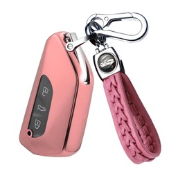 ontto car Key fob Cover fit for VW Golf 8 Tiguan 3 ID3 ID4 ID7 Passat B9 Seat Leon Ateca Octavia 4 Kodiaq ii Key Holder TPU Smart Shell case Keyring Keychain auto Styling Accessories 3 Buttons Pink 2