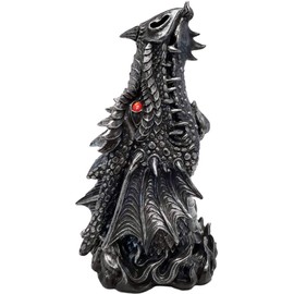 DWK 12-inch Puff Gothic Medieval Mythical Dragon Head Incense Burner Box Statue with Nostril Smoke Vent, Antique Black Pewter Finish
