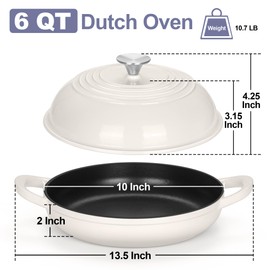 TeamFar Cast Iron Dutch Oven for Sourdough Bread Baking, 6 Quart Dutch Oven Bread Pot with Dome Lid, 10 Inch Ceramic Enamel Thick Coated Bread Pan, Non-Toxic & Non-Stick, White