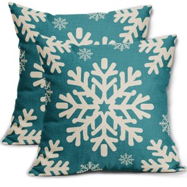 Sivirary Teal Christmas Pillow Covers 18x18 Inch Set of 2, Xmas Snowflakes Rustic Winter Themed Decorative Throw Pillow Cases Outdoor Linen Cushion Covers Farmhouse Sofa Couch Bed Decor