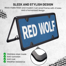 RED WOLF Car License Plate Frame Stainless Steel Metal License Plate Cover Tags 4 Holes Mount on Front Rear Bumper, 12x6 Inch w/Screw Accessories Foam Pad Nylon Insert Nut, Black Matte 1 Pair