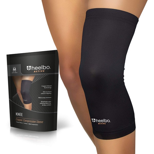 Heelbo Knee Compression Sleeve with Copper Infused Fibers and Breathable Fabric for Knee Pain Relief, Knee Support, Sore Muscles and Joints for Running, Jogging, Hiking or Arthritis, Black, Medium
