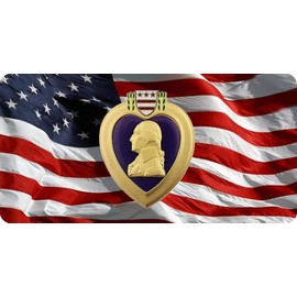 Purple Heart On Wavy American Flag Photo License Plate