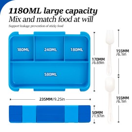 QCQHDU Children's Lunch Box with 5 Compartments - Lunch Box with Dividers, 1300 ml Bento Box for School, Nursery, Outdoor, Leakproof, Dishwasher Safe, BPA-Free, Food Container with Cutlery (Blue)