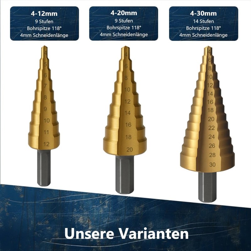AM-Zerspanungstechnik HSS TiN Step Drill Bit Set 3 Pieces |