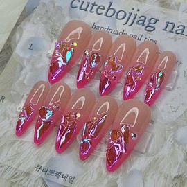 Hot Pink Glass Bead Handmade Nail Tip - Water Drop / 핫핑크 유리알 수제네일팁 - 물방울