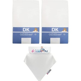 DK Glovesheets Two White Cotton Fitted Crib Sheets - Specifically Designed to Be Compatible With The Next to Me Mattress Plus 1 x White Dribble Ons Bandana Bib Package