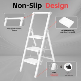 3 Step Ladder, DIAMONDFORGE Folding Step Stool with Wide Anti-Slip Pedal, Anti-Slip Feet and Handgrip, Sturdiest Steel Construction, Steel Ladder for Home, White