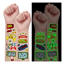 Partywind Luminous Video Game Party Supplies Temporary Tattoos for Kids, 158 Styles Glow Gamer Gaming Birthday Decorations for Boys Party Favors, Fake Tattoo Stickers Gifts for Gamer