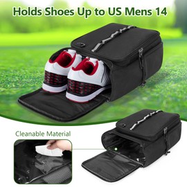 GOBUROS Golf Shoe Bag Holds A Pair of Shoes US Mens 14, Golf Shoe Carrier with Free Gloves Holders (A Pair), Front and Side Accessory Pockets for Tess, Gloves and Ball, Black