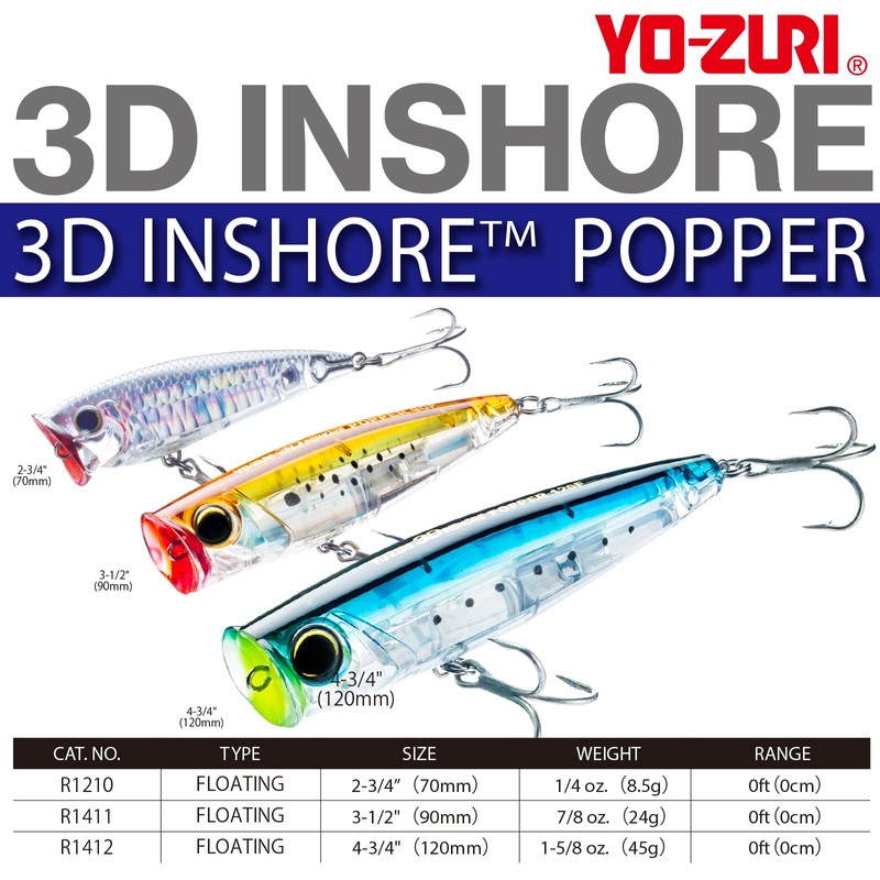 YO-ZURI 3D Inshore Popper Floating 90mm Salt Lure, Color:Mardi Gras