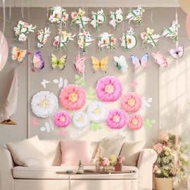 Fullhawl 24 Pcs Flower Birthday Banners Wildflower Spring Decorations Include Floral and Butterflies Birthday Letters and Paper Flowers with Butterfly and Leaves for Spring Garden Party Decorations