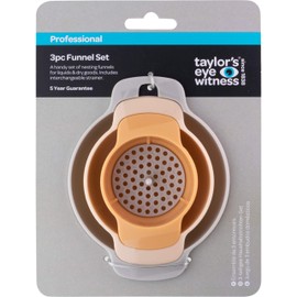 Taylors Eye Witness Four Piece Kitchen Funnel Set – Tab Handled Nested Funnel Pack With Detachable Strainer. Filter Or Bottle Oil And Liquid Or Dry Ingredients Like Flour And Pepper.