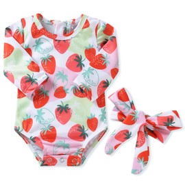 Aalizzwell Infant Baby Girls One Piece Long Sleeve Swimsuit Strawberry Bathing Suit Swimwear Beach Wear 3-6 Months