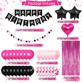 Iysoll Pink and Black Birthday Party Decorations for Girls Happy Birthday Banner Hot Pink and Black Balloons Pom pom Flower Confetti Foil Fringe Curtain Party Décor for Girls Women
