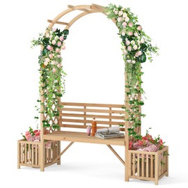 Giantex Outdoor Bench with Garden Arch & Planters, Wooden Pergola Archway, Outdoor Trellis for Climbing Plants, Patio Decorative Arbor Arch for Backyard Lawn (Arched,Natural,73"x22"x80")