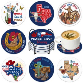 Hushee Texas Souvenirs Gifts Coaster Set of 8 Coasters Cork Base with Holder Wood Look Texas Souvenirs Farmhouse Country Outdoor Housewarming Apartment Bar Decor for Kitchen Room Rustic Style