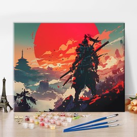 Paint by Numbers Kit for Adults Samurai Stood Against the Red Sun Paint by Numbers for Adults Japanese Pagoda Mountains Painting Adult Paint by Number Kits on Canvas Oil Painting Art Crafts 16x20 in