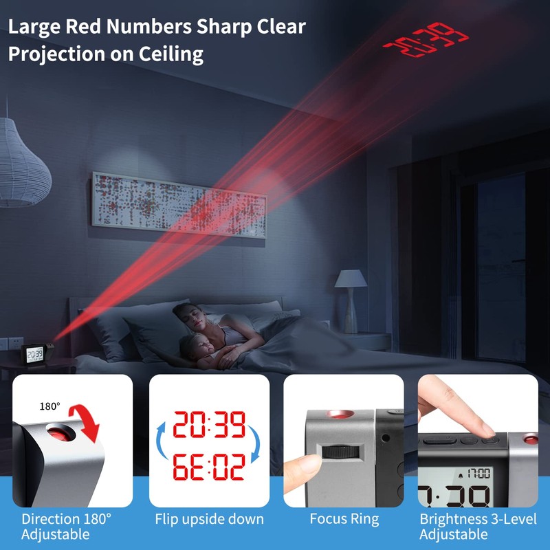 MeesMeek Projection Alarm Clock for Bedroom: Digital LCD Clock with