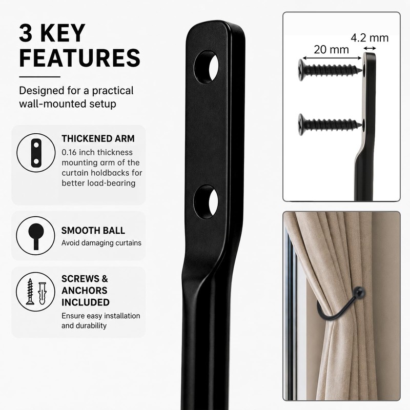 HOJLKLD Curtain Holdbacks, 4 Pcs Wall Mounted Metal Curtains Hook