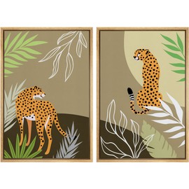 MUDECOR Framed Canvas Print Wall Art Jungle Cheetahs with Tropical Monstera Leaves Abstract Shapes Illustrations Modern Bohemian Nature Colorful for Living Room, Bedroom, Office - 16"x24"x2 Natural