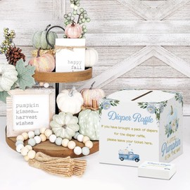 Diaper Raffle Card Box with 50 Pcs Pumpkin Diaper Raffle Tickets, Autumn Floral Pumpkin Diaper Raffle Card Box for Baby Shower Games Gender Reveal Party Invitation Insert Card Game (Blue)