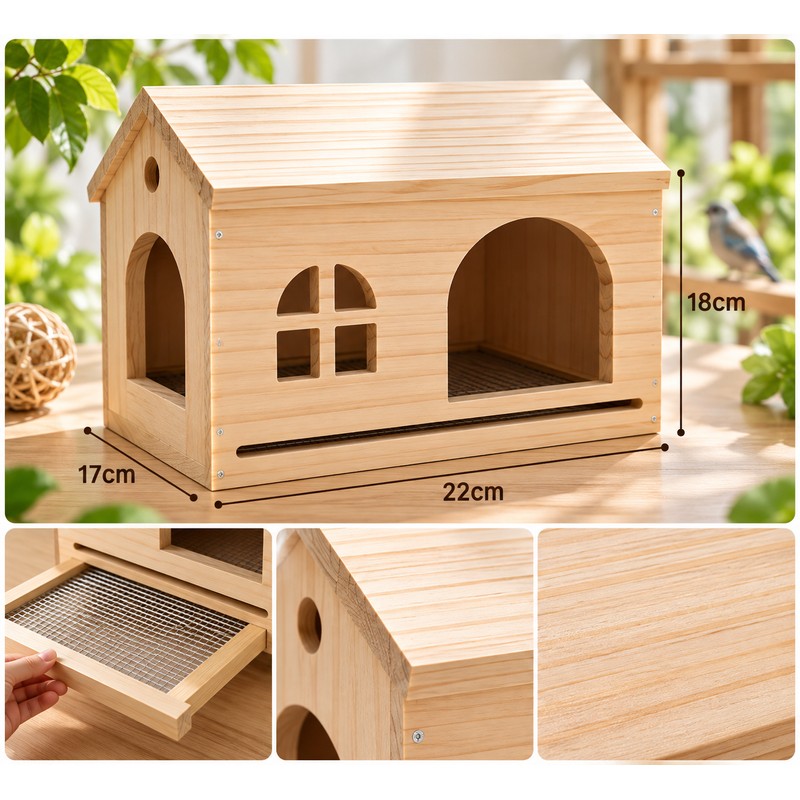 Wooden Bird House for Small Birds – Removable Bottom Net,