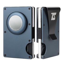 Team Gainz Mens metal wallet wallet with Airtag holder RFID Blocking Minimalist wallet (Blue W/Strap)