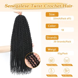22 Inch Curly Senegalese Twist Crochet Hair For Black Women - 7 Packs, 20 Strands/Pack Small Twist Crochet Braids Hair with straight Ends,Synthetic Crochet Braids(1B,22 Inch(Pack of 7))