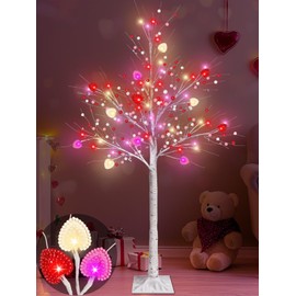 Valentines Day Decor, 4 FT Prelit Lighted Valentines Tree with 3D Hearts&Berries Ornaments 48 Led Red Pink Lights, Outdoor Waterproof Artificial Birches Tree for Valentines Day Decorations Indoor Home