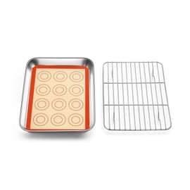 TeamFar Toaster Oven Pan with Rack & Mat, 9.3’’ x 7’’ x 1’’ Mini Baking Pan Cooling Rack Stainless Steel with Silicone Mat Set for Daily Use, Healthy & Sturdy, Oven & Dishwasher Safe, Set of 3
