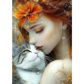 MXJSUA Woman Cat Diamond Art Painting Kits for Adults, Full Drill Cat Diamond Dots Paintings for Beginners, Round 5D Paint with Diamonds Pictures Gems Art Painting Kits DIY Crafts Kits 12x16 Inch