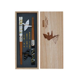 Origami Paper Crane Sushi Chopsticks Set 2 Pairs Including Base in Premium Wooden Box Sustainable Japanese Chinese Korean Taiwanese