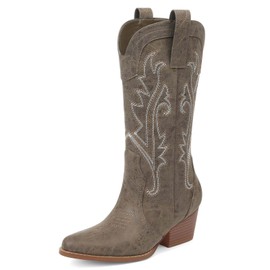 femflame Cowboy Boots Women Pointed Toe Chunky Heel Mid Calf Cowgirl Boot Embroidered Western Boots