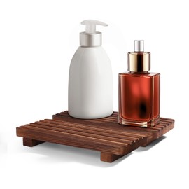 SAMEBUTECO Wood Tray Pedestal Stand Wooden Risers for Decor Display Wooden Soap Stand for Bathroom Sink Kitchen Counter，Vanity, Dish Soap Holder, Rustic Style, 2 Pieces Set