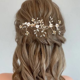 Campsis Wedding Flower Hair Clips Gold Bridal Shiny Crystal Headpiece Ceramics Floral Pearl Hair Accessories Bridesmaid Wedding Prom First Communion Birthday Photography for Girls and Women