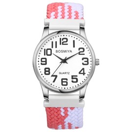 Lancardo Braided Elastic Strap Watch: Analog Quartz Green White Arabic Large Dial Casual Watch for Men Women Easy-to-Read Size L