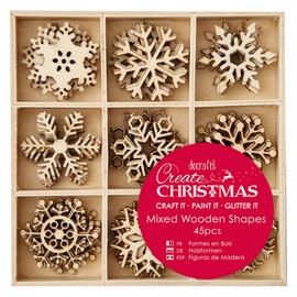 Create Christmas Small Mixed Wooden Shapes, Snowflakes, Brown, Pack of 45, Suitable for Home, Wood Paint, Wooden Toys and Card Craft, Ideal for Christmas Decorations and Card Making Supplies