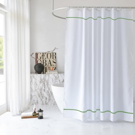 youngseahome White Shower Curtain with Oliver Green Border, Modern Chic Faux Linen Fabric Shower Curtains for Bathroom and Hotel,72 x 72 Inches