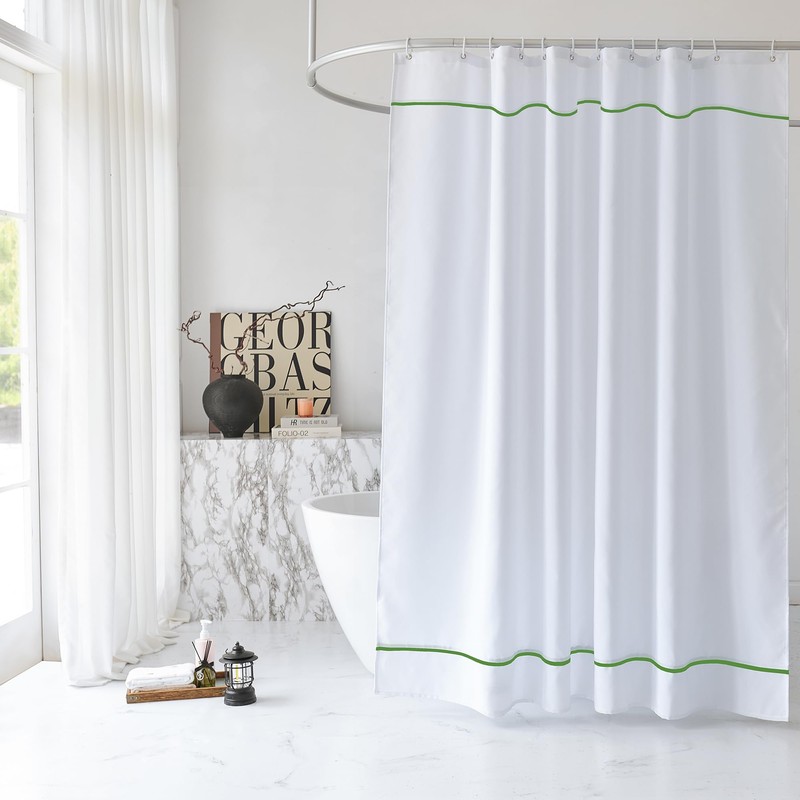 White Shower Curtain with Oliver Green Border, Modern Chic Faux