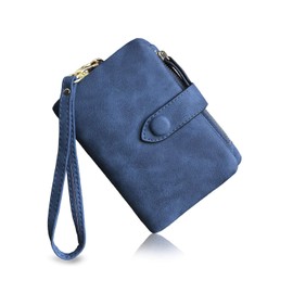 PofeeXIO Womens Small Bifold Leather Wallets RFID Ladies Wristlet with Card Slots id Window Zipper Coin Purse (Blue)