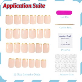 Gold French Tip Press on Nails Short Square Petite Fake Nails Reusable False Nails Full Cover Nude Pink Glossy Glue on Nails Acrylic Nails Stick on Nails for Women Girls 24Pcs