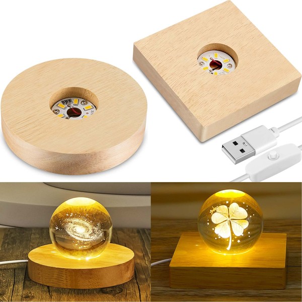 Honoson 2 Pieces Wood Light Display Base Wooden LED Display Base Crystal Glass Base Stand Wood LED Display Stand for 3D Crystal Glass Resin Art (Square, Round)