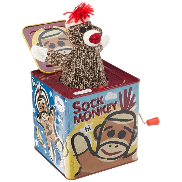 Schylling Brand Original Sock Monkey Jack-In-The-Box - Funny Tin Musical Toy - Ages 18 months to 4 years