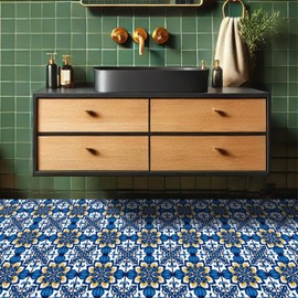 HOMETITUTE 10PCS 12x12 Inch Mediterranean Blue Floral Peel and Stick Floor Tiles Removable Self Adhesive Vinyl Flooring Stickers for Kitchen Bathroom Entryway Home Decor