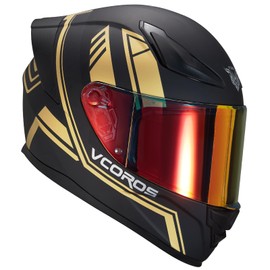 VCOROS Full Face Motorcycle Helmet for Unisex-Adults DOT Approved WS-609 Motorbike Street Bike Racing Helmets with Visor (Matte Gold Lines,L)