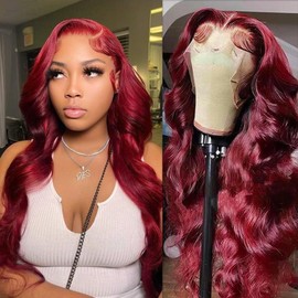 28 inch 99J Burgundy Body Wave Lace Front Wigs Human Hair Pre Plucked 13x4 HD Transparent Lace Frontal Wigs Human Hair with Baby Hair 99j Wine Red Human Hair Wigs For Women 180% Density
