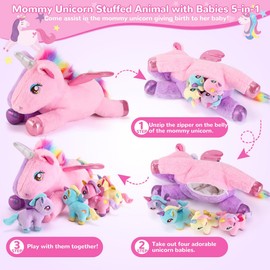 gnomantic 5 Pieces Unicorn Stuffed Animals - 1 Mommy Stuffed Unicorn with 4 Babies - Unicorns Gifts for Girls Ages 3-8, Unicorns Plush Toys for Christmas, Valentine's, Birthday Gifts (Pink & Purple)